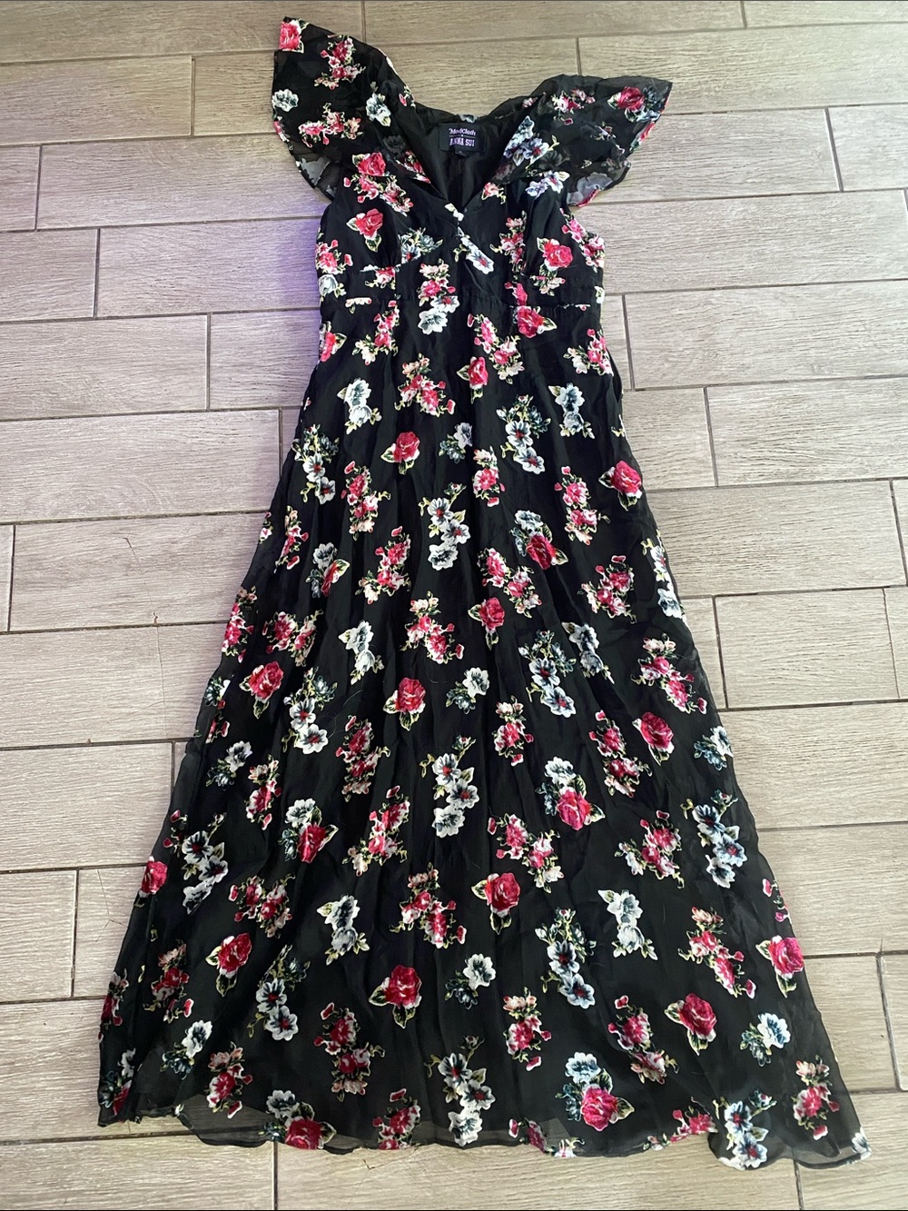 Anna Sui Black Maxi Dress with Red and White Floral Print